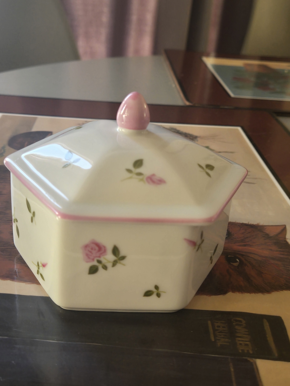 Vintage St. Michael Porcelain Hexagon Trinket Box with Pink Roses